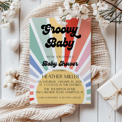 Groovy Rainbow Baby Shower Invitation Template Editable Invitation Corjl Digital Download