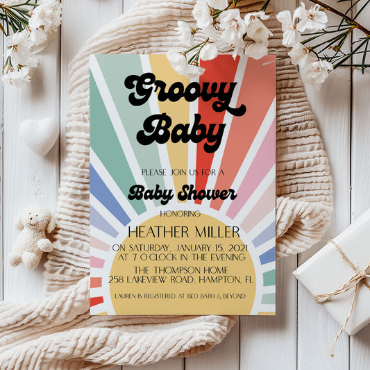 Groovy Rainbow Baby Shower Invitation Template Editable Invitation Corjl Digital Download