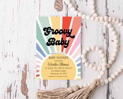 Groovy Rainbow Baby Shower Invitation Template Editable Invitation Corjl Digital Download