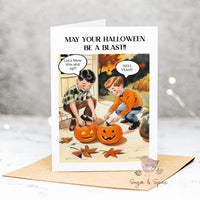 Funny Halloween Kids with Pumpkin Retro Greeting Card