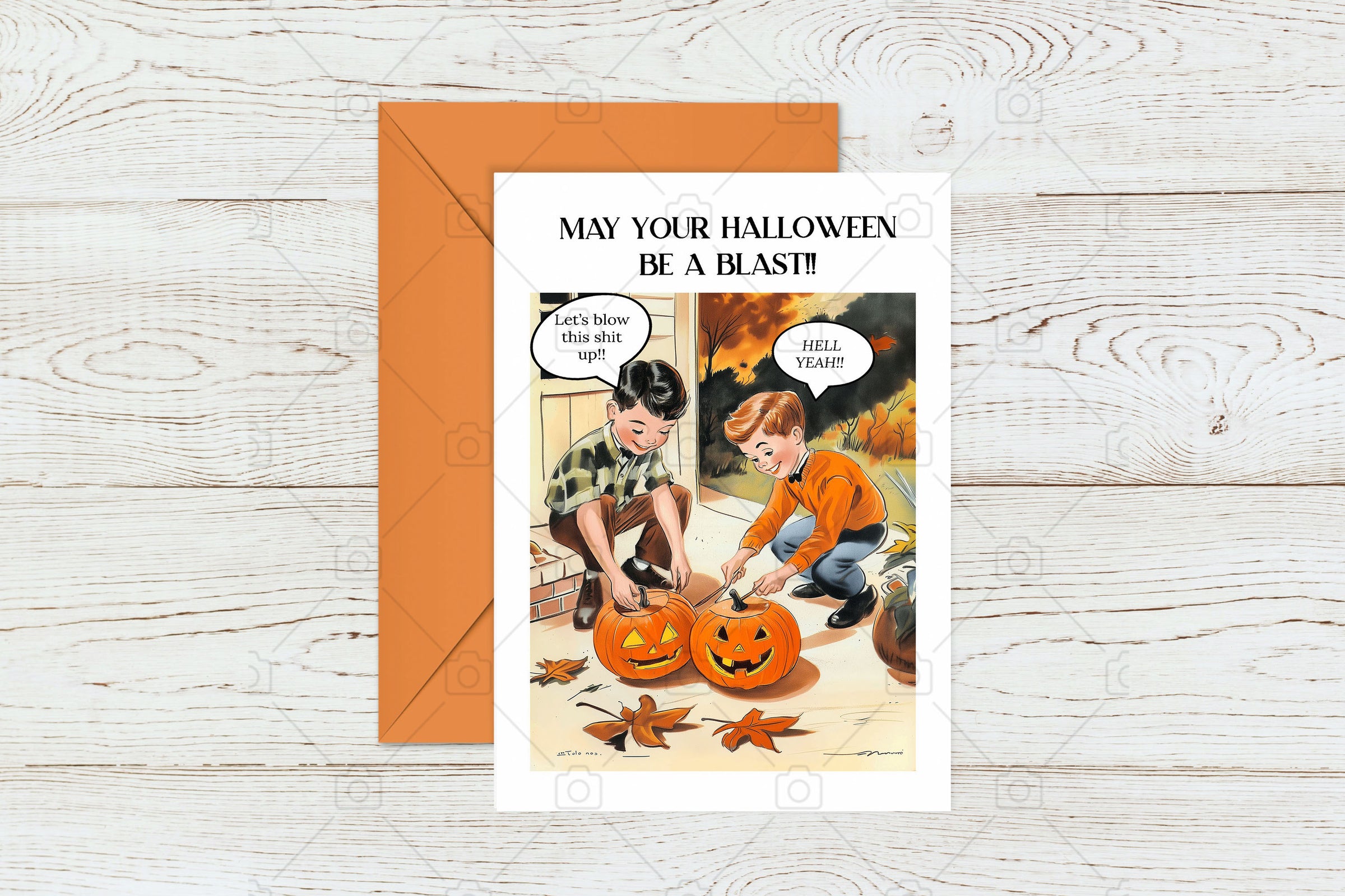 Funny Halloween Kids with Pumpkin Retro Greeting Card
