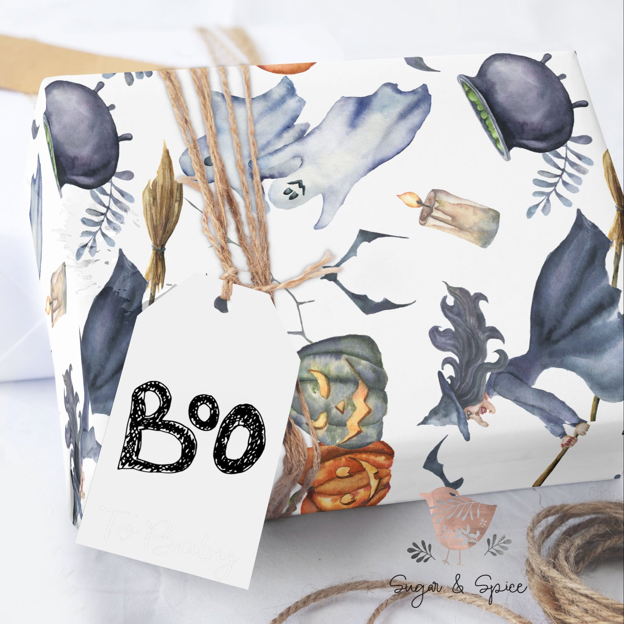 Witch and Ghost Halloween Wrapping Paper