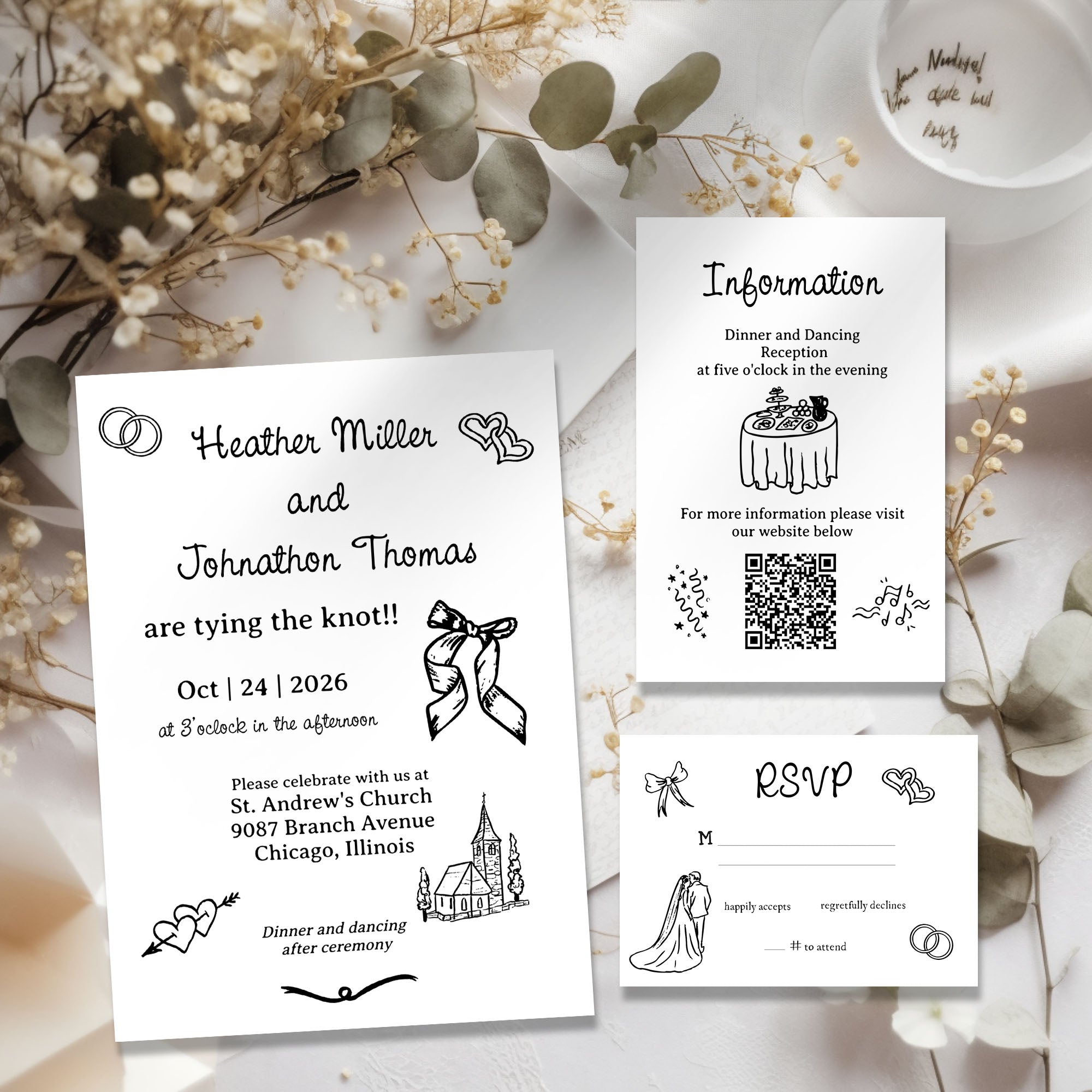 Illustrated Wedding Invitation Template Editable Invitation Corjl Digital Download