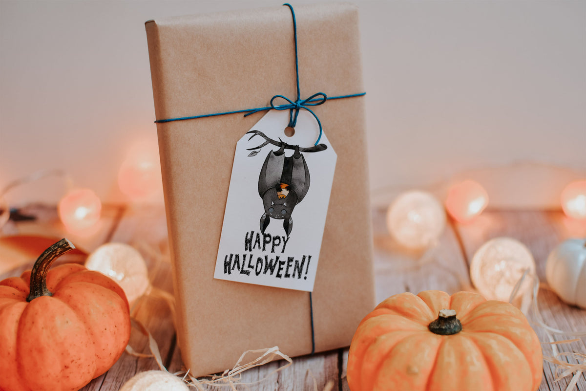 Black Hanging Bat Trick or Treat Halloween Printed Favor Tags with String