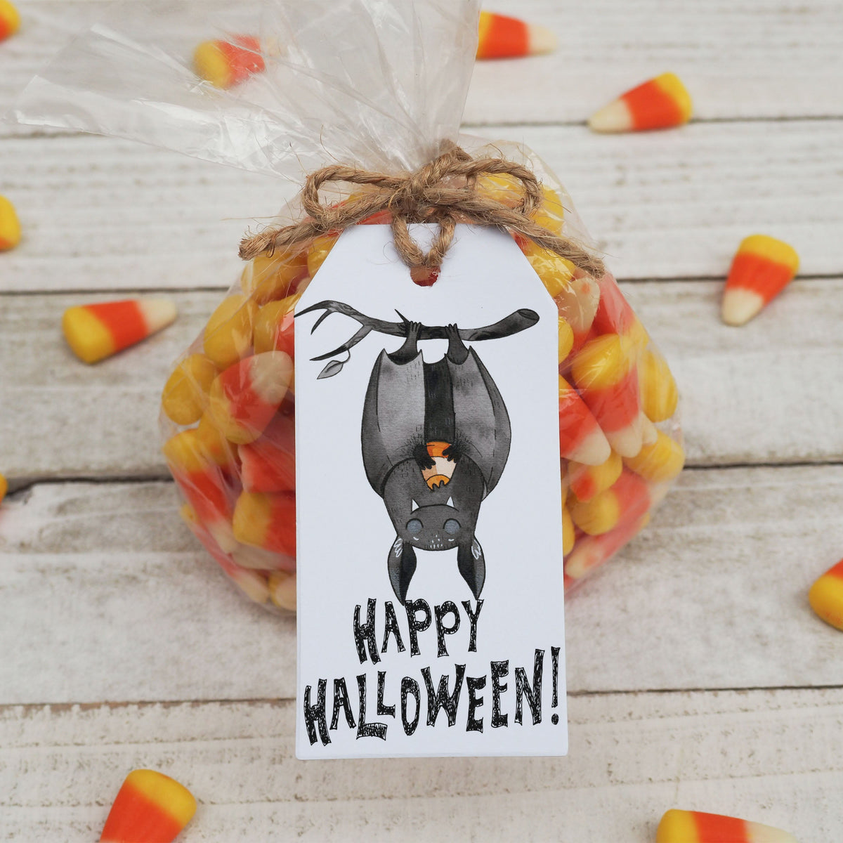 Black Hanging Bat Trick or Treat Halloween Printed Favor Tags with String