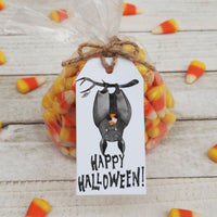 Black Hanging Bat Trick or Treat Halloween Printed Favor Tags with String