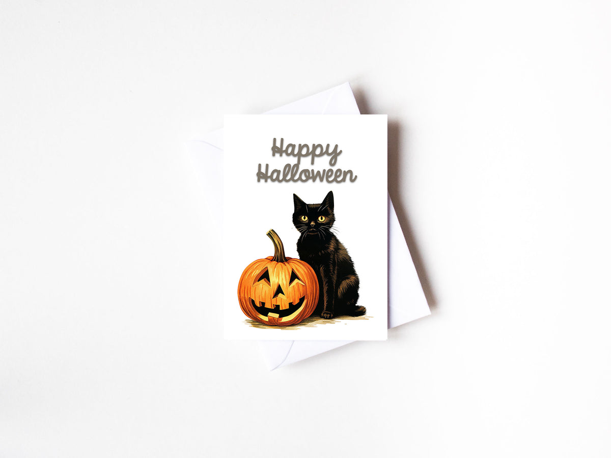 Black Cat with Pumpkin Halloween Greeting Card