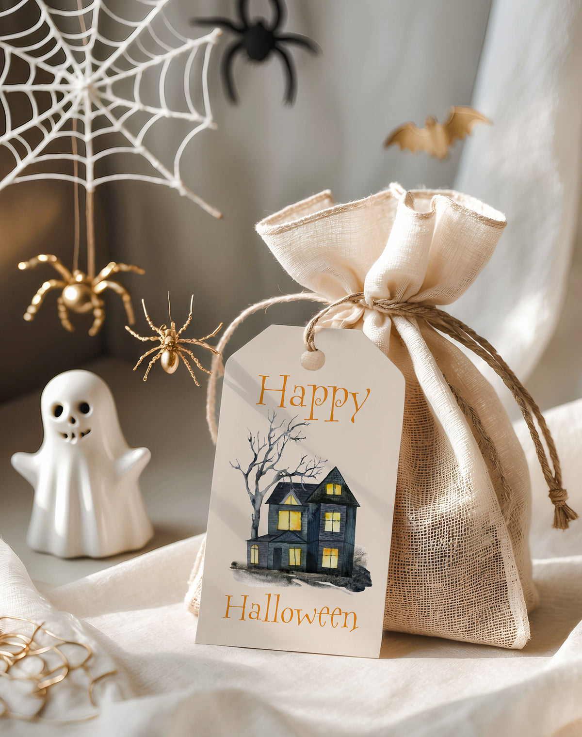 Haunted House Halloween Gift Tags with String  Printed Trick or Treat & Boo Basket Favor Tags