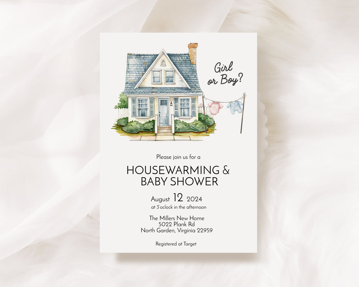 Housewarming & Gender Reveal Baby Shower Invitation Template Editable Invitation Corjl Digital Download