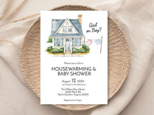 Housewarming & Gender Reveal Baby Shower Invitation Template Editable Invitation Corjl Digital Download