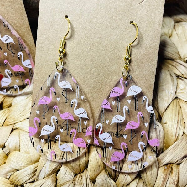 Pink Flamingo Teardrop Acrylic Earrings