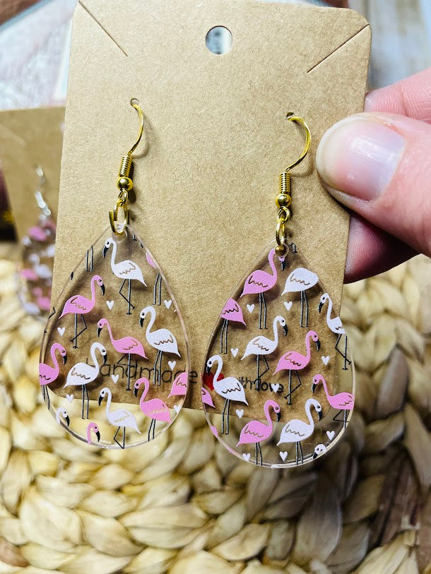 Pink Flamingo Teardrop Acrylic Earrings
