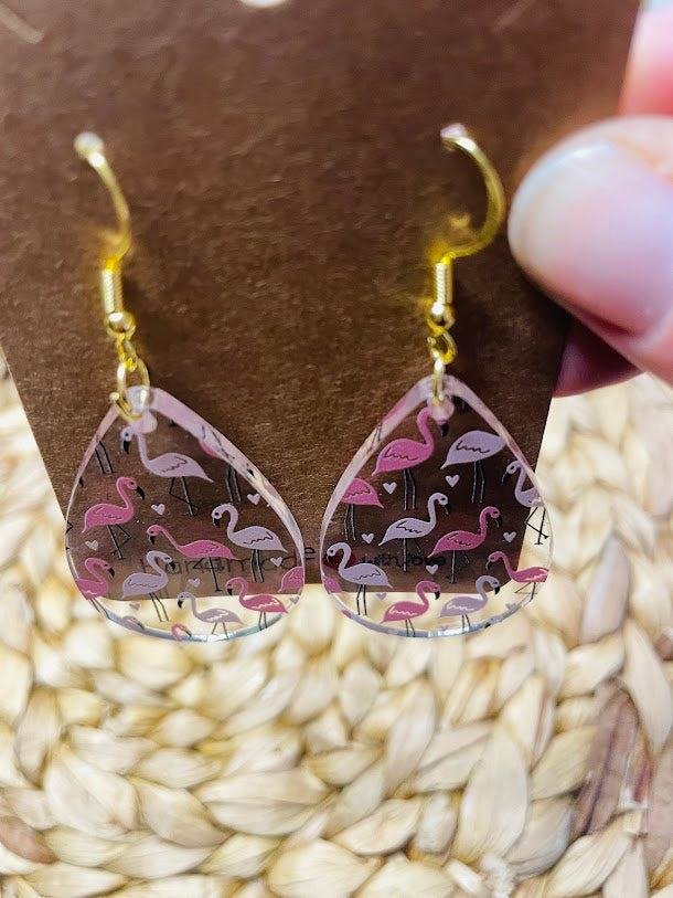 Pink Flamingo Teardrop Acrylic Earrings