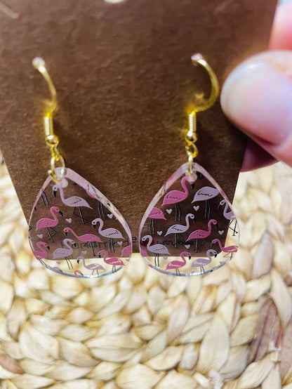 Pink Flamingo Teardrop Acrylic Earrings