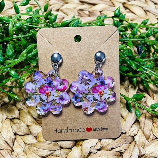 Pink and Purple Flower Acrylic Silver Earrings