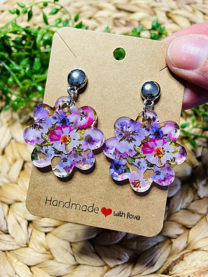 Pink and Purple Flower Acrylic Silver Earrings