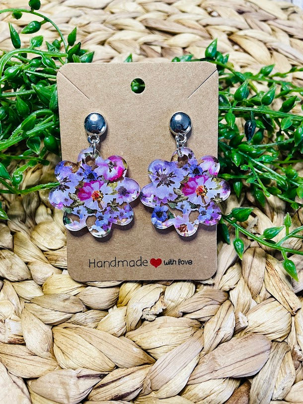 Pink and Purple Flower Acrylic Silver Earrings