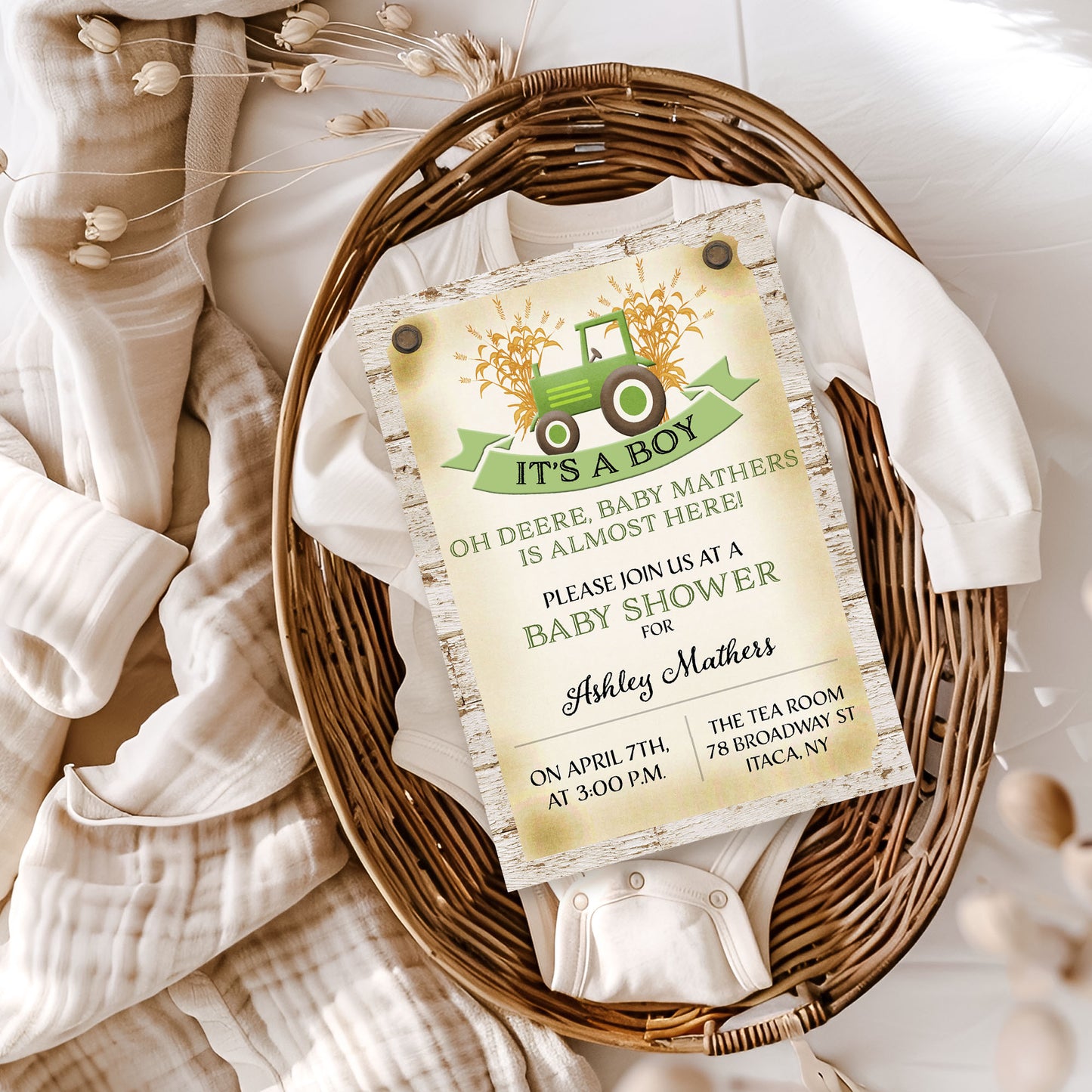 Green Tractor Farm Baby Shower Invitation Template Editable Invitation Corjl Digital Download