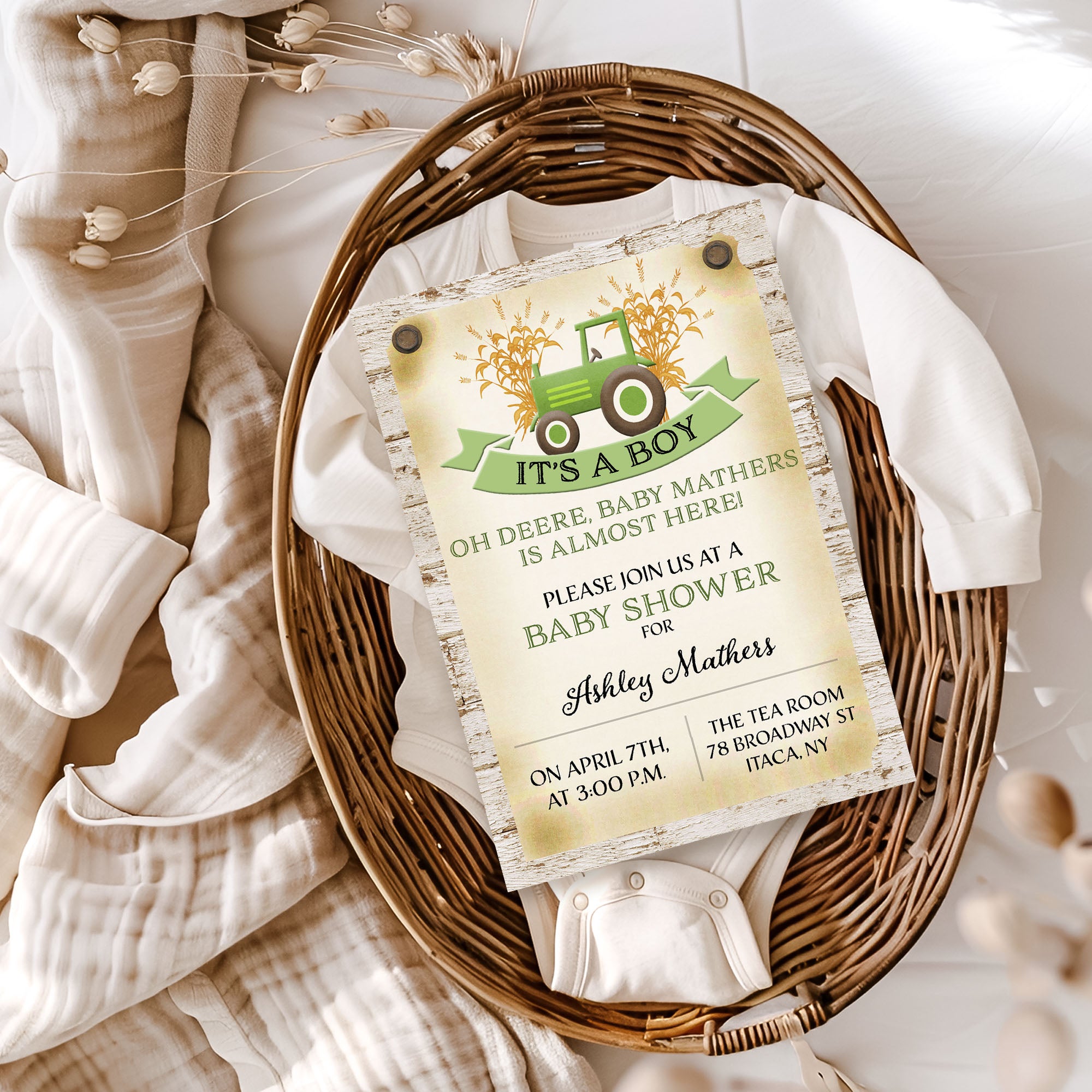 Green Tractor Farm Baby Shower Invitation Template Editable Invitation Corjl Digital Download