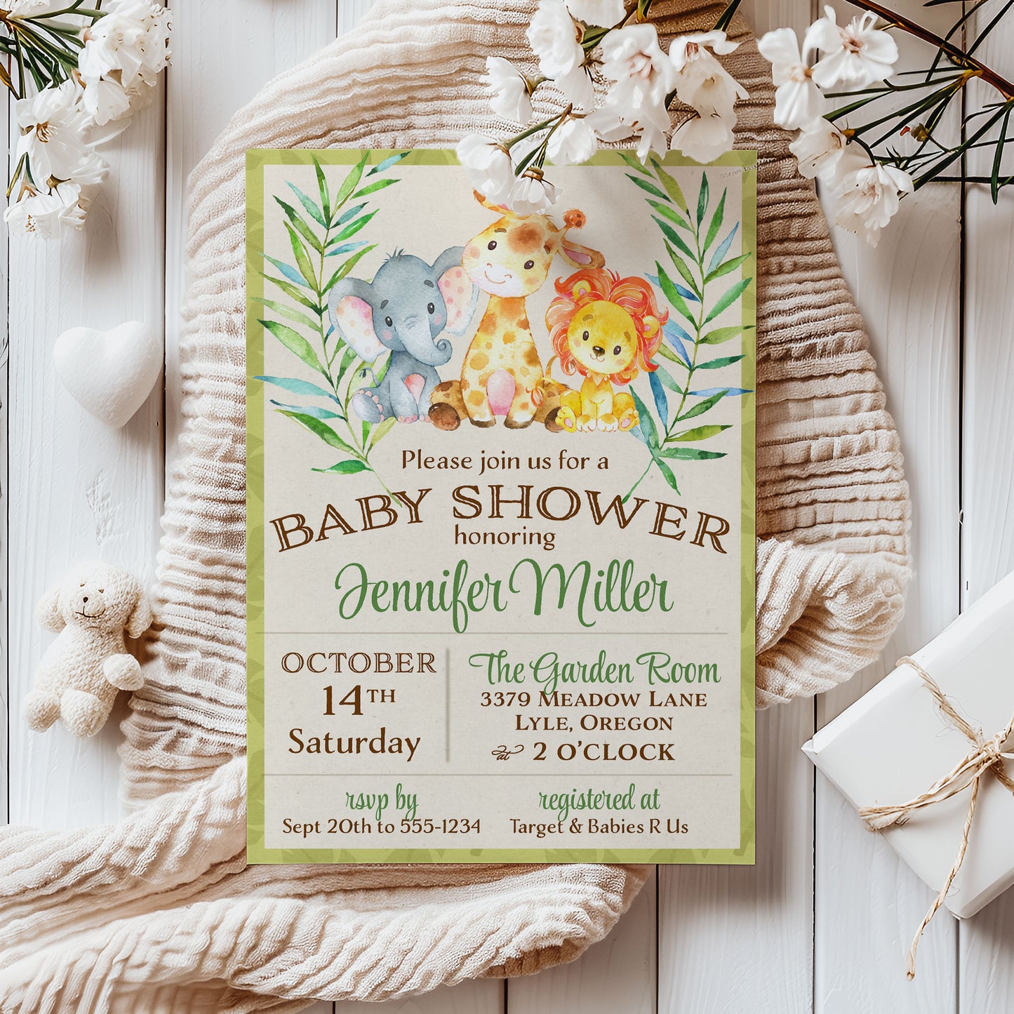 Jungle Lion, Elephant and Giraffe Baby Shower Invitation