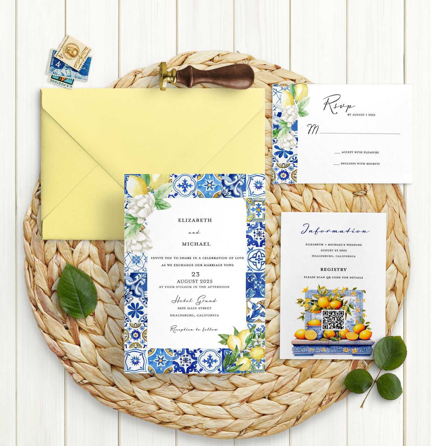 Mediterranean Blue Tile Lemon Wedding Invitation with QR Code
