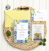 Mediterranean Blue Tile Lemon Wedding Invitation with QR Code