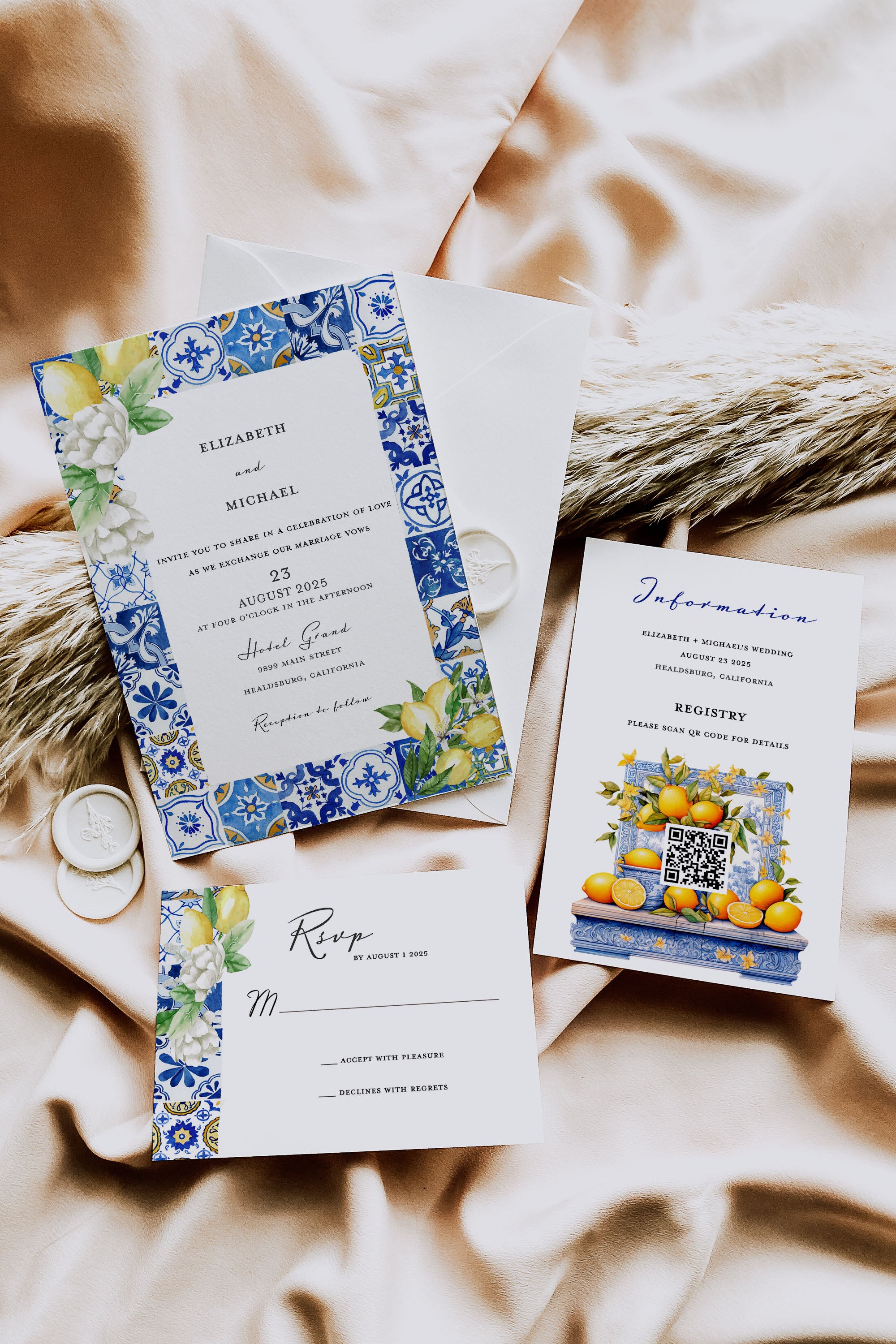 Mediterranean Blue Tile Lemon Wedding Invitation with QR Code