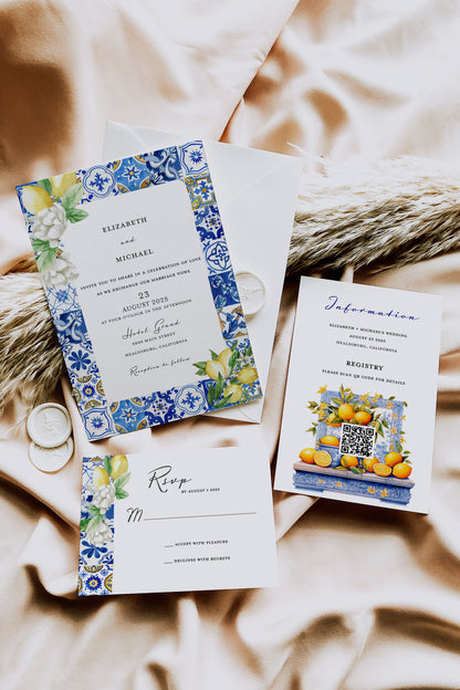 Mediterranean Blue Tile Lemon Wedding Invitation with QR Code