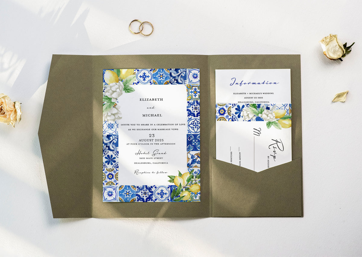 Mediterranean Blue Tile Lemon Wedding Invitation with QR Code