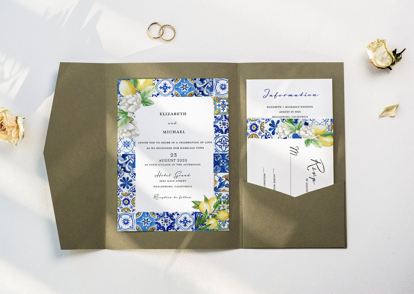 Mediterranean Blue Tile Lemon Wedding Invitation with QR Code