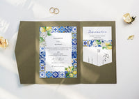 Mediterranean Blue Tile Lemon Wedding Invitation with QR Code