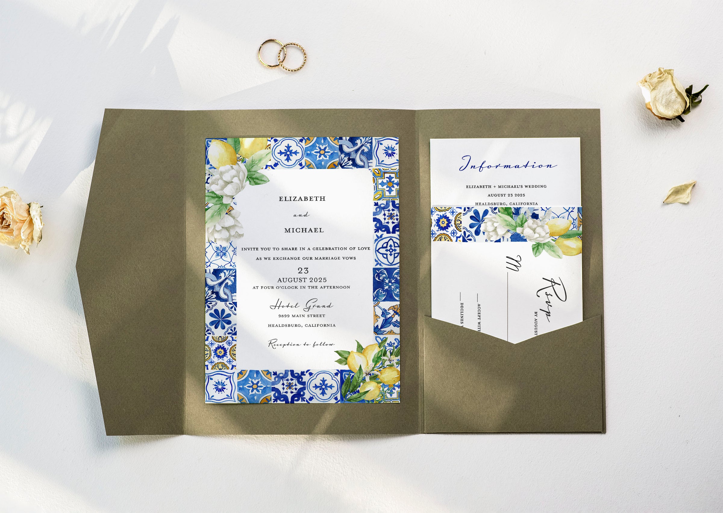 Mediterranean Blue Tile Lemon Wedding Invitation with QR Code