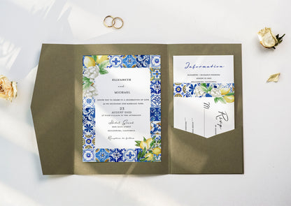 Mediterranean Blue Tile Lemon Wedding Invitation with QR Code