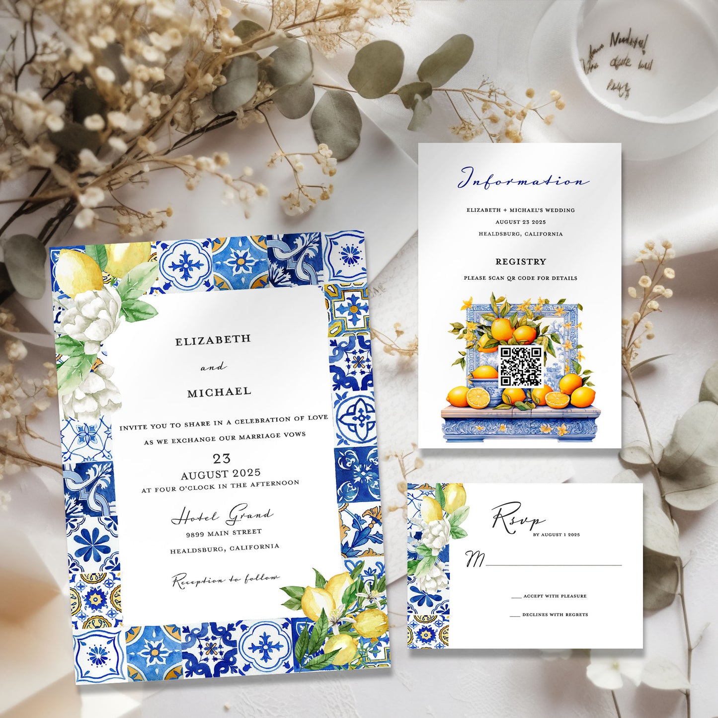 Mediterranean Blue Tile Lemon Wedding Invitation with QR Code