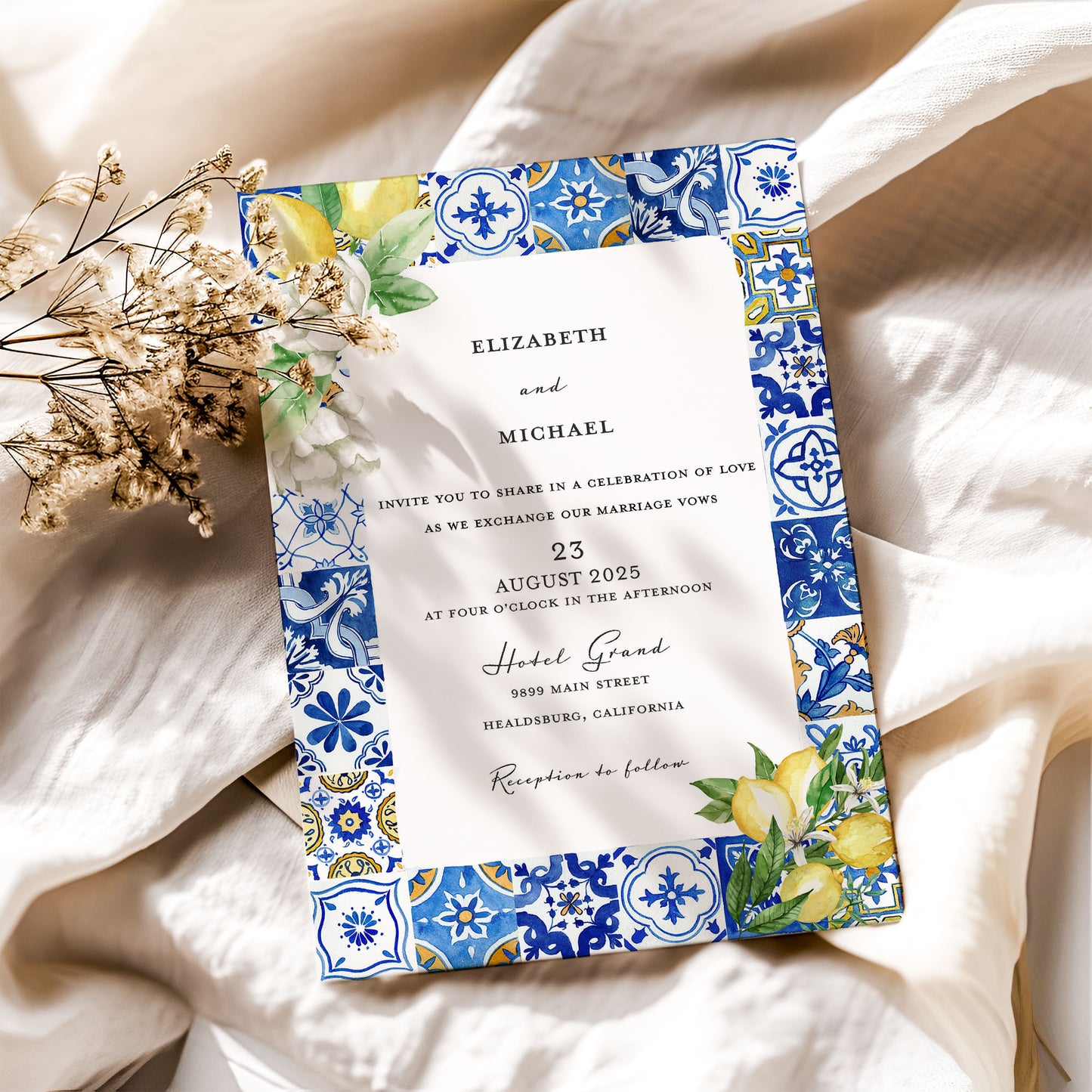 Mediterranean Blue Tile Lemon Wedding Invitation with QR Code
