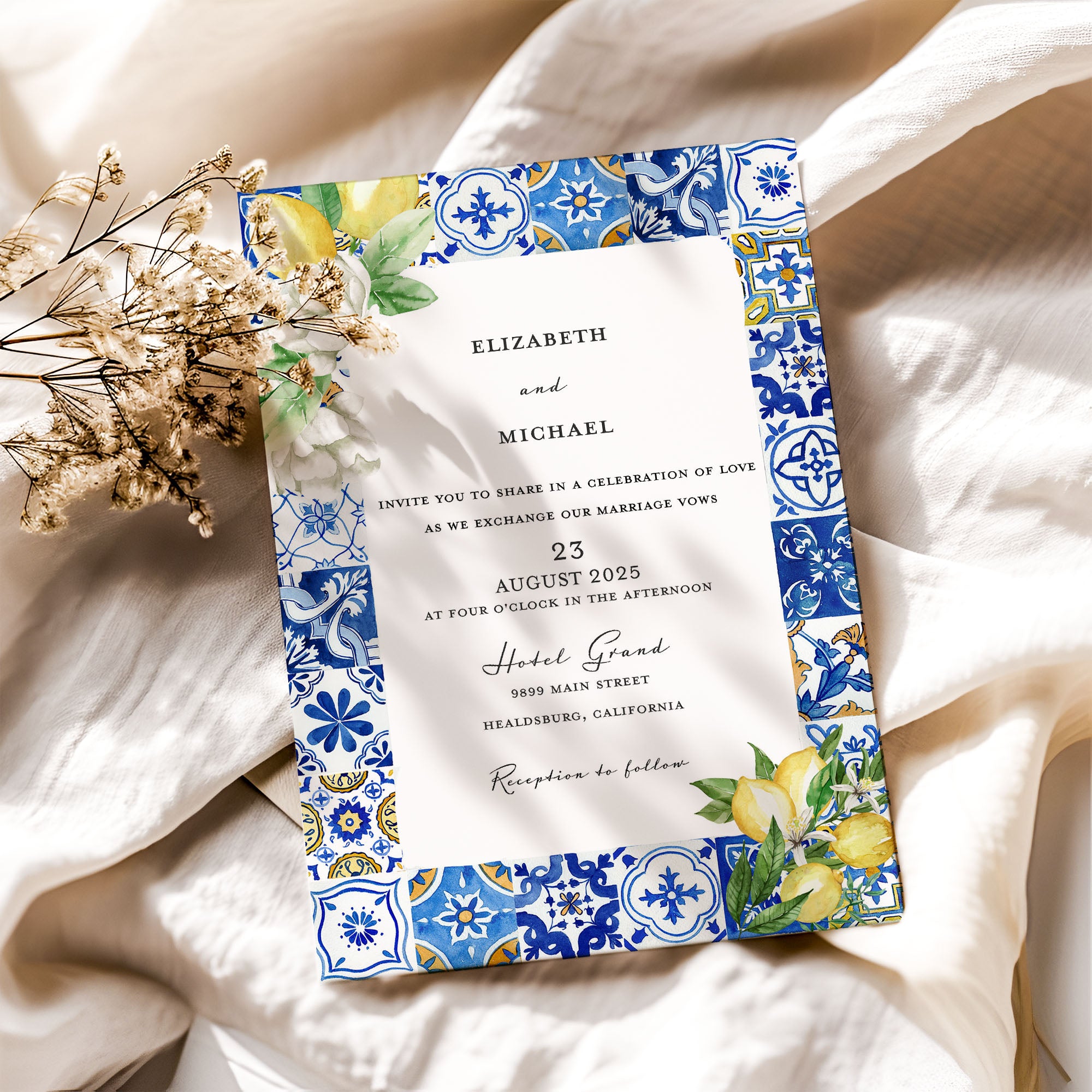 Mediterranean Blue Tile Lemon Wedding Invitation with QR Code