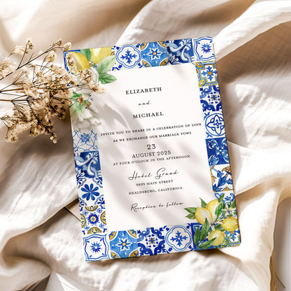 Mediterranean Blue Tile Lemon Wedding Invitation with QR Code