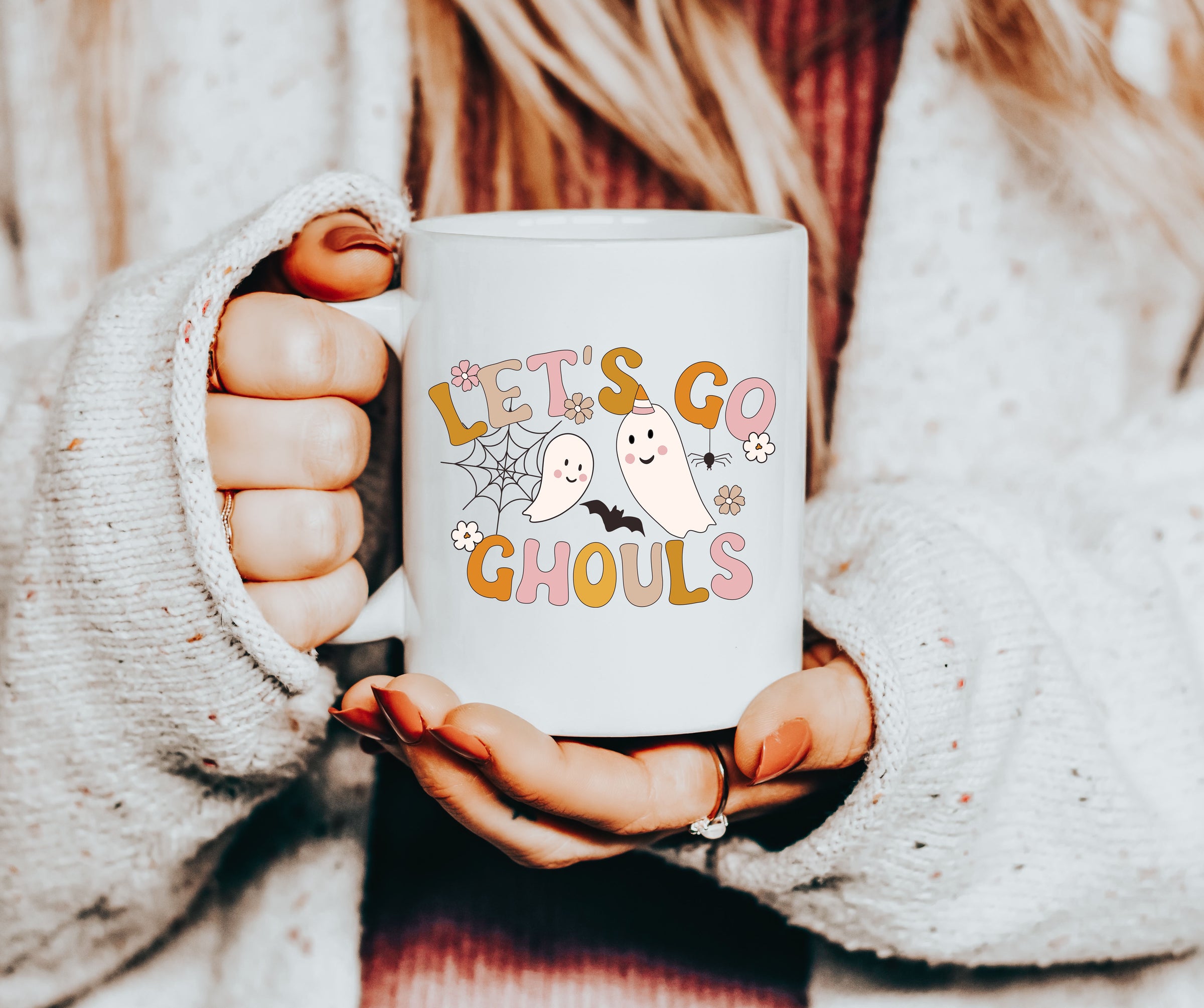 Let’s Go Ghouls Accent Coffee Mug — Cute Retro Halloween Ghosts (11/15oz)