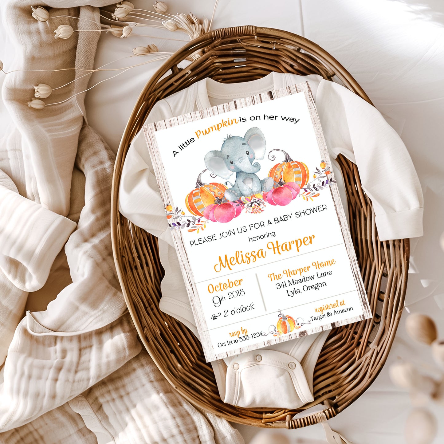 A little Pumpkin is on the Way Rustic Elephant Baby Shower Invitation