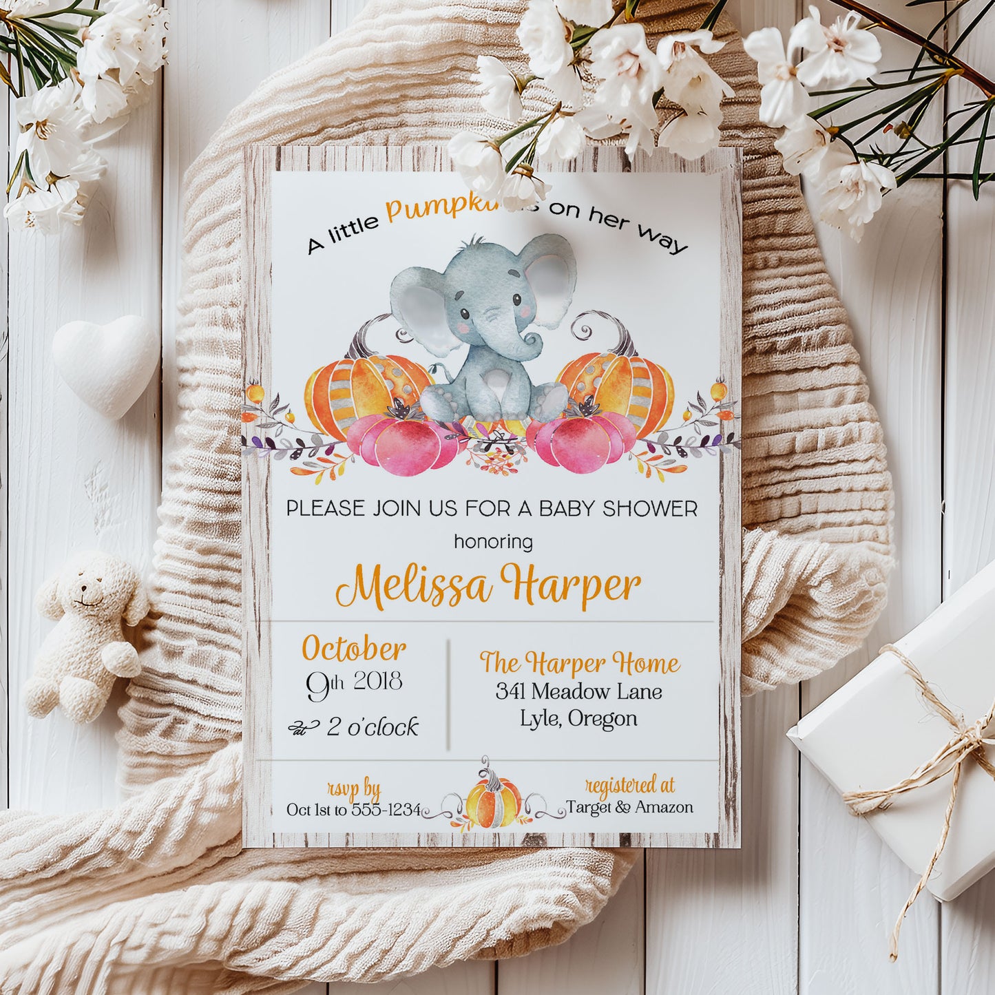 A little Pumpkin is on the Way Rustic Elephant Baby Shower Invitation