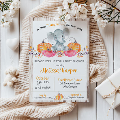 A little Pumpkin is on the Way Rustic Elephant Baby Shower Invitation