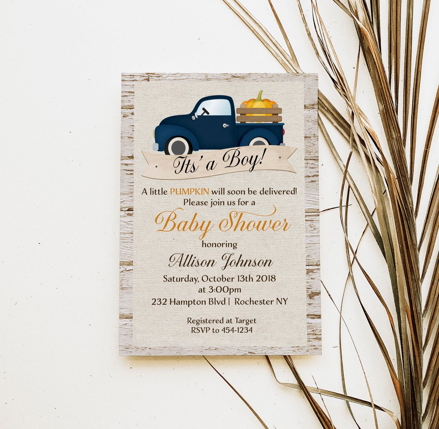 Fall Country Blue Truck Baby Shower Invitation