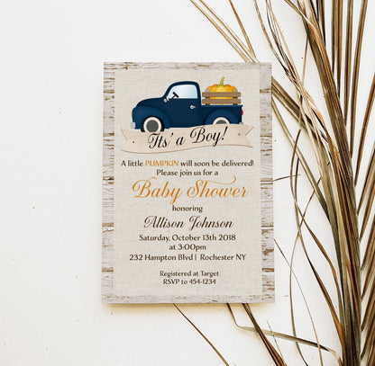 Fall Country Blue Truck Baby Shower Invitation