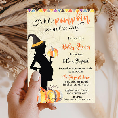 A little Pumpkin Halloween Witch Baby Shower Invitation