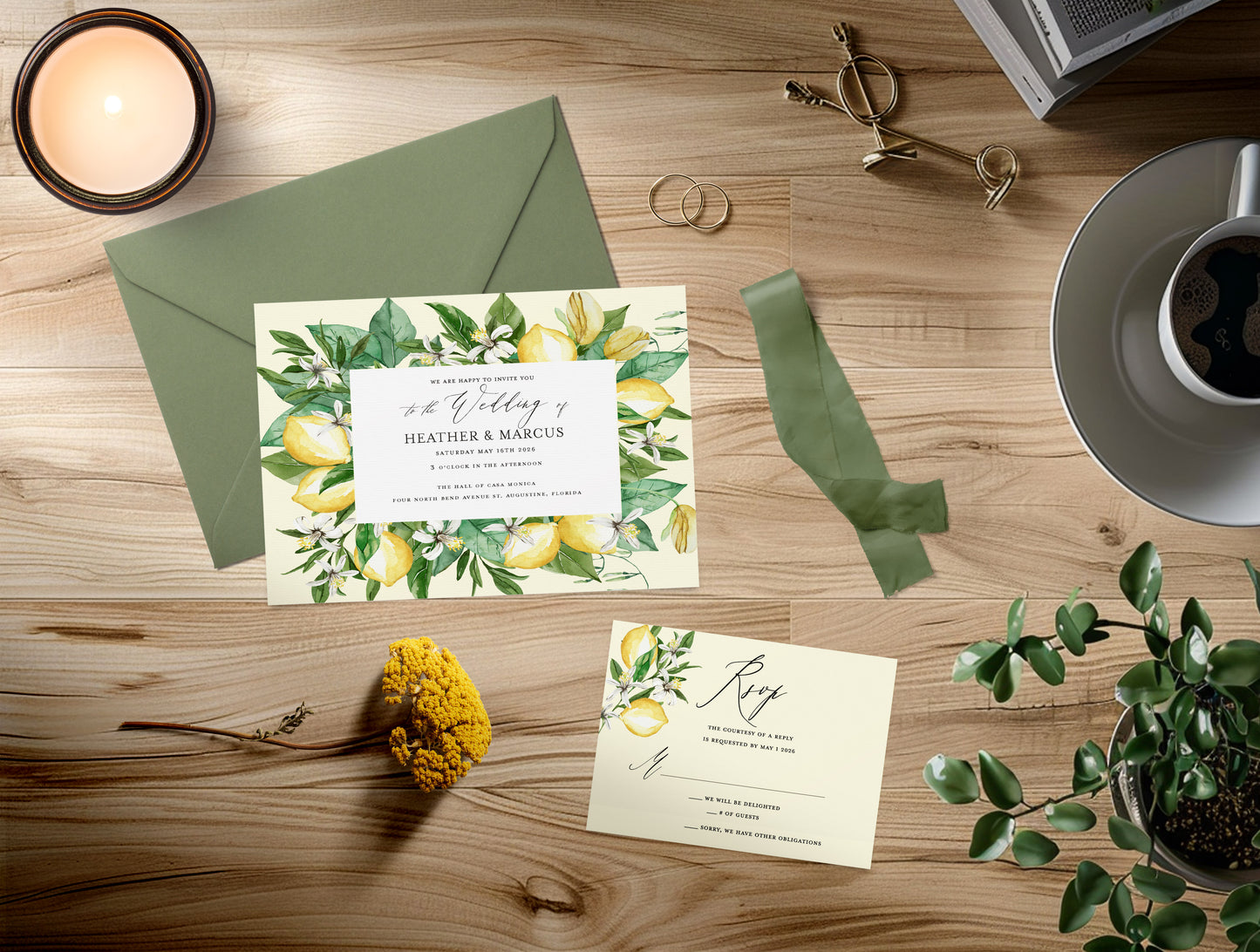 Elegant Lemon Greenery Wedding Invitation