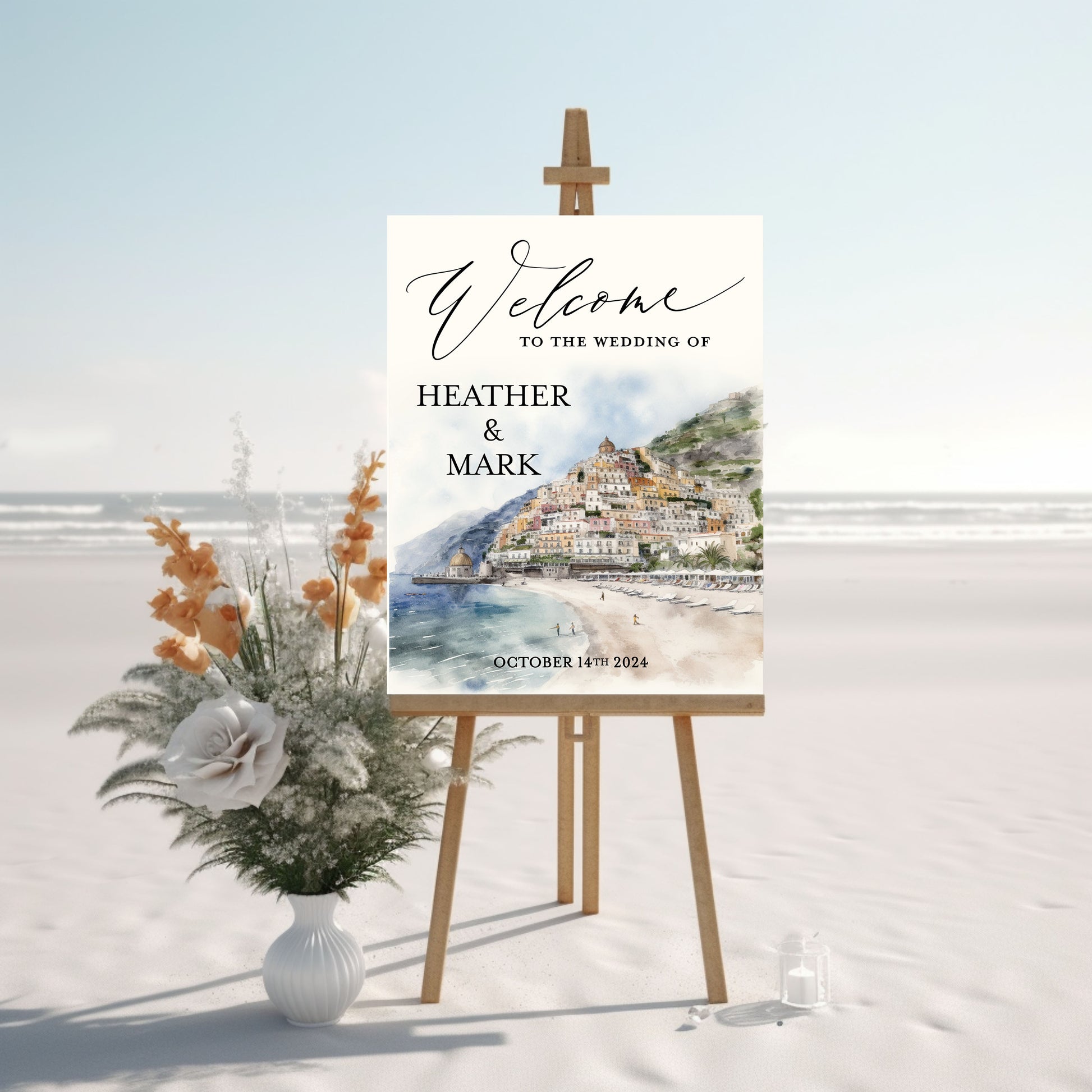 Wedding welcome sign with beach scene and floral arrangement on a white background
