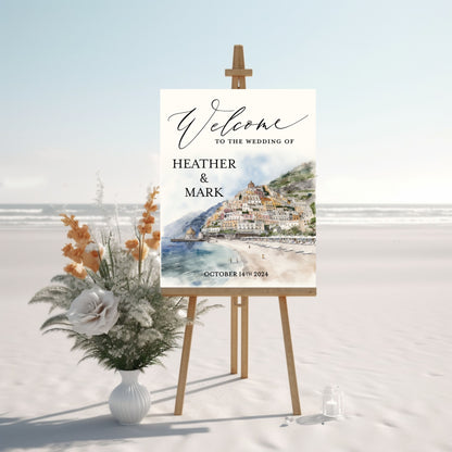 Wedding welcome sign with beach scene and floral arrangement on a white background