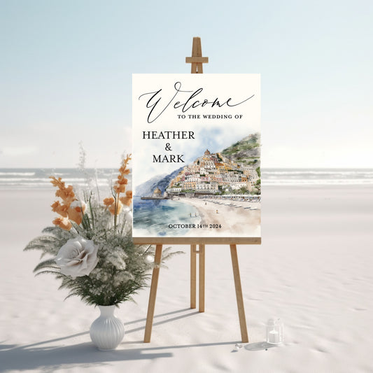 Wedding welcome sign with beach scene and floral arrangement on a white background