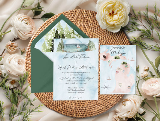 Michigan Watercolor Lake Wedding Invitation Suite