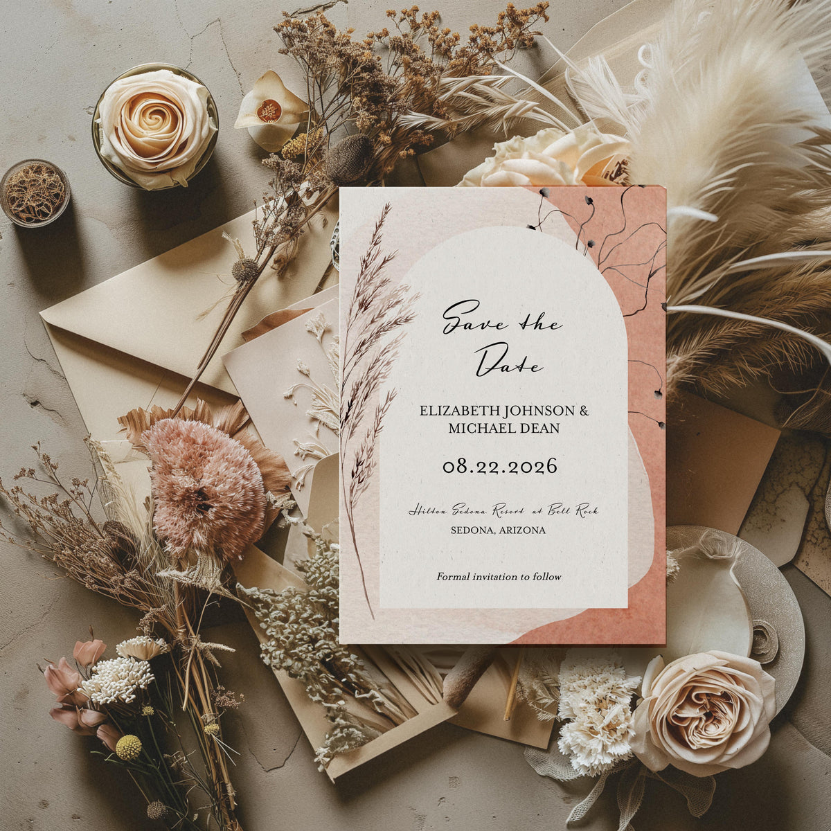 Modern Boho Watercolor Arch Save the Date Template Editable Invitation Corjl Digital Download